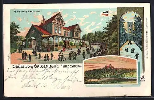 Lithographie Hildesheim, Gasthaus zum Galgenberg, Aussichtsturm, Totalansicht