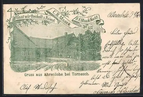 Lithographie Ahrenlohe bei Tornesch, Gasthaus zur Heimat C. H. Maack