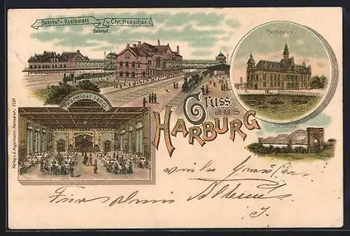 Lithographie Hamburg-Harburg, Bahnhof-Restaurant von Chr. Heeschen, Rathaus, Elbbrücke