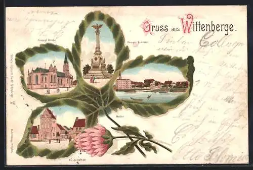 Passepartout-Lithographie Wittenberge, Evangelische Kirche, Kriegerdenkmal und Hafen im Kleeblatt