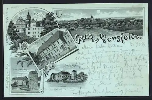 Mondschein-Lithographie Vorsfelde, Post und Hotel Nacke, Wolfsburg, Domäne Neuhaus