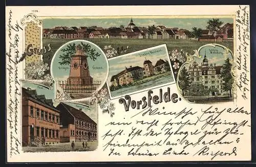 Lithographie Vorsfelde, Schloss Wolfsburg, Gasthaus Zur Post, Krieger-Denkmal