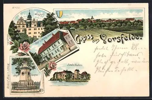 Lithographie Vorsfelde, Post und Hotel Nacke, Krieger-Denkmal, Domäne Neuhaus