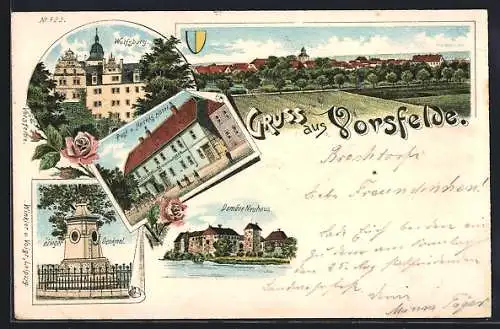 Lithographie Vorsfelde, Post und Hotel Nacke, Wolfsburg, Domäne Neuhaus