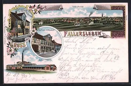 Lithographie Fallersleben, Kaufhaus von A. Beiwendt, Buchbinderei u. Papier- u. Kurzwaren-Handlung von F. C. Büchner