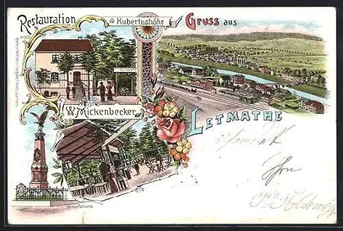 Lithographie Letmathe, Restaurant Hubertushöhe, Garten, Krieger-Denkmal