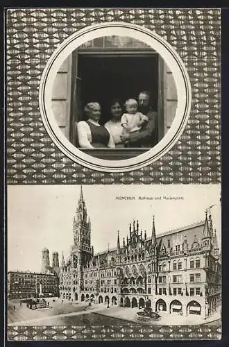 AK München-Au, Rathaus und Marktplatz, Familie am Fenster