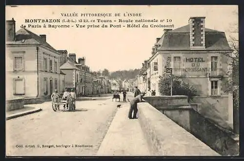 AK Montbazon /I.-&-L., Vallée de l`Indre, Route nationale 10 de Paris à Bayonne, Vue prise du Pont, Hôtel du Croissant