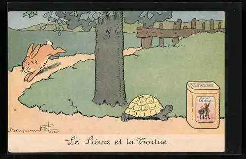 Künstler-AK Le Lièvre et la Tortue, Reklame Chocolat Lombart