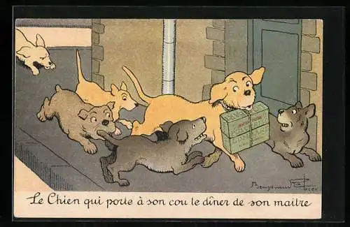 Künstler-AK Le Chien qui porte à son cou le diner de son maitre, Chocolat Lombart