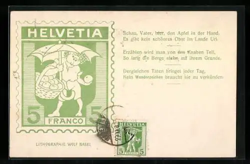 AK schweizer Briefmarke 5 Franco und drei Sprüche