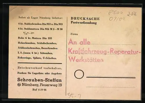 AK Reklame der Firma Schrauben Steffan Industriebedarf, Schrauben & Muttern