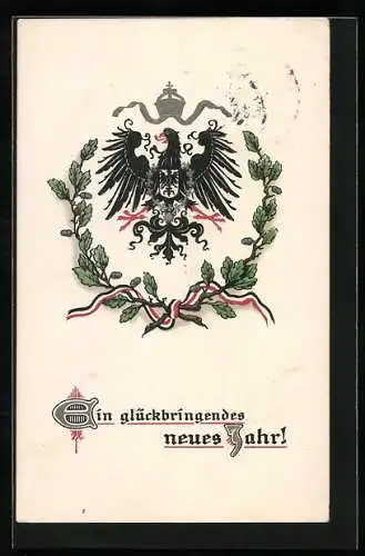 AK Friede und Freude im neuen Jahre, Fahne umrankt Eichenlaub, Reichsadler