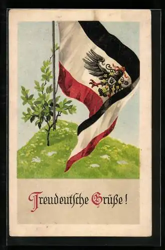 AK Treudeutsche Grüsse, Reichsfahne mit Wappen