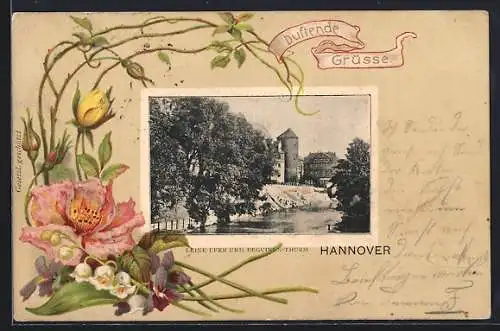 Präge-AK Hannover, Leine-Ufer und Beguinen-Turm, Blumen