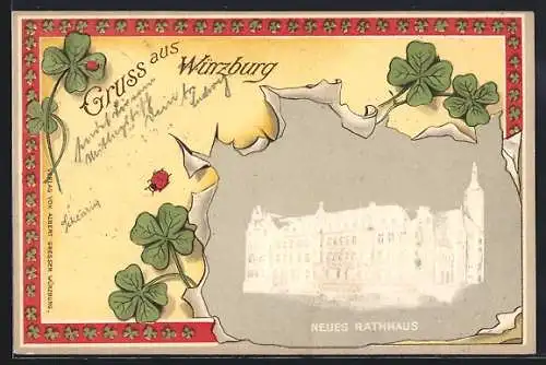 Lithographie Würzburg, Neues Rathaus, Kleeblätter, Passepartout