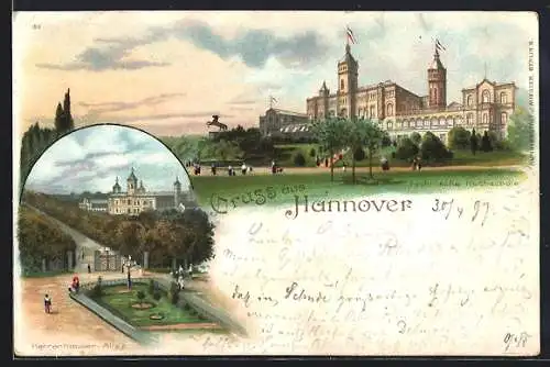 Lithographie Hannover, Polytechnikum und Herrenhäuser Allee