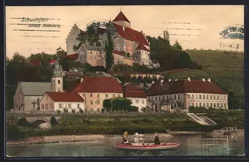 AK Schonungen, Schloss Mainberg mit Flusspartie und Ruderboot