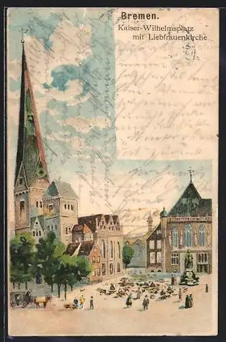 Lithographie Bremen, Kaiser-Wilhelmsplatz mit Liebfrauenkirche