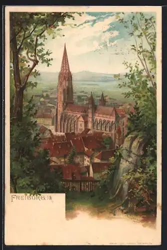 Lithographie Freiburg i. B., Teilansicht mit Dom