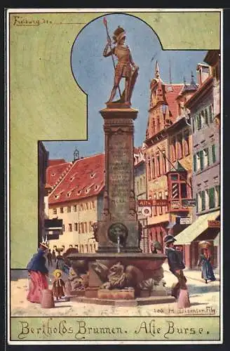 Künstler-AK Freiburg i. B., Bertholds-Brunnen und Alte Börse