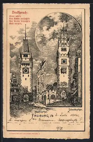 Künstler-AK Freiburg / Breisgau, Martinstor und Schwabentor