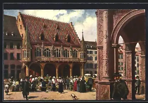 Künstler-AK Freiburg, Blick auf Münsterplatz mit Rathaus