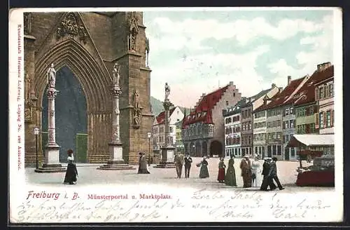 AK Freiburg i. B., Münsterportal und Marktplatz