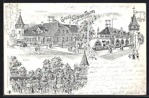 Lithographie Hannover, Gasthof Döhrner Thurm mit Hauptgebäude, Saal & Garten