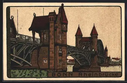 Steindruck-AK Bonn, Rheinbrücke