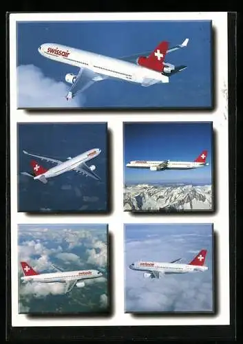 AK Flugzeuge, MCDonell Douglas MD 11, Airbus A 330, Airbus A 321, Airbus A 320 und Airbus A 31 der Swissair in der Luft