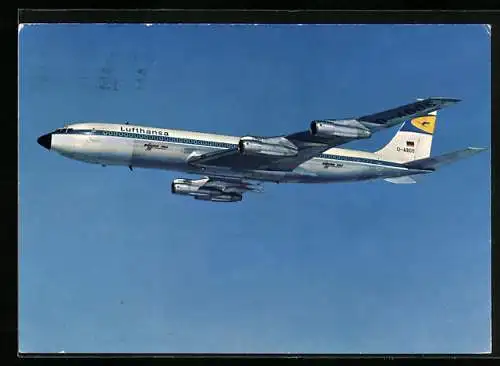 AK Flugzeug, Intercontinental-Jet Boeing 707 der Lufthansa in der Luft