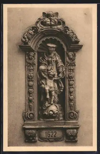 AK Würzburg, Häuserschmuck, Madonna, Strasseneck Dominikanerplatz 1 Ecke Brombachergasse