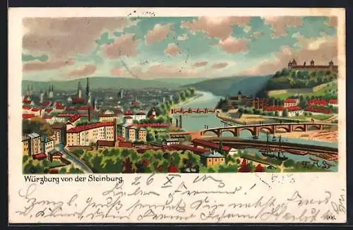 Künstler-AK Würzburg, Stadtansicht von der Steinburg