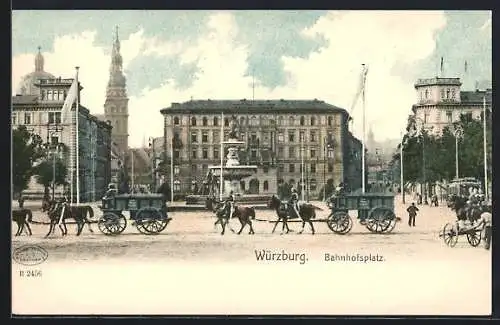 AK Würzburg, Strassenpartie am Bahnhofsplatz mit Brunnen