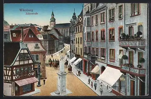 AK Würzburg, Zellerstrasse mit Blick zur Kirche