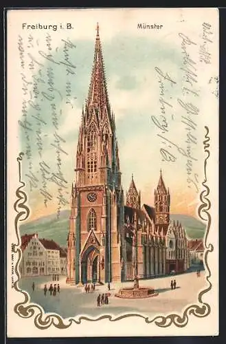 Lithographie Freiburg / Breisgau, Münster mit Passanten