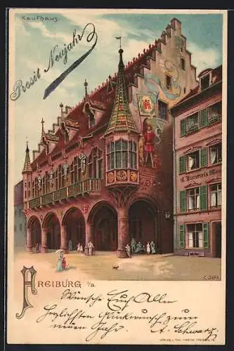 Künstler-Lithographie Freiburg / Breisgau, Kaufhaus mit Passanten