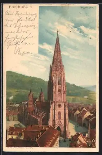 Lithographie Freiburg / Breisgau, Blick auf die Kirche