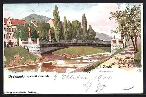 Künstler-AK Ludwig Zorn: Freiburg / Breisgau, Partie an der Dreisambrücke-Kaiserstrasse