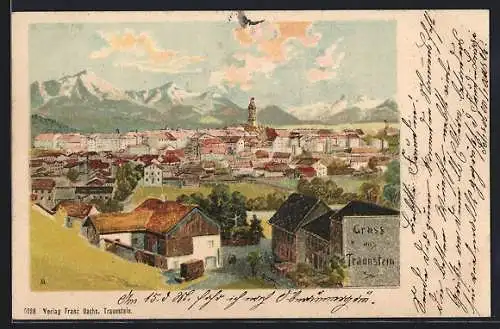 Lithographie Traunstein, Teilansicht mit Bergen