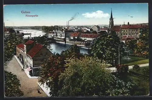 AK Guben, Neissepartie mit Strasse an der Schützenhausbrücke