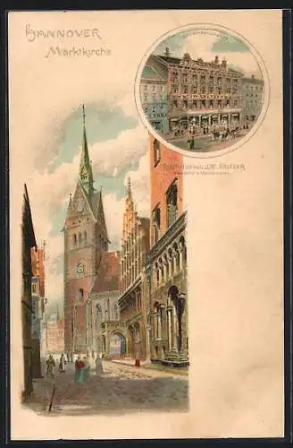 Lithographie Hannover, Marktkirche, Geschäftshaus J. W. Saltzer Modewaren