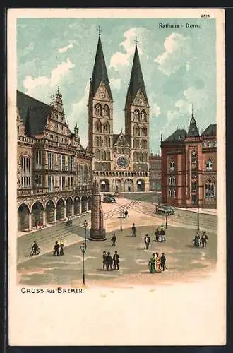 Lithographie Bremen, Partie am Dom mit Rathaus