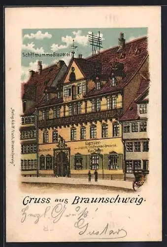 Lithographie Braunschweig, Schiffmumme-Brauerei von der Strasse aus