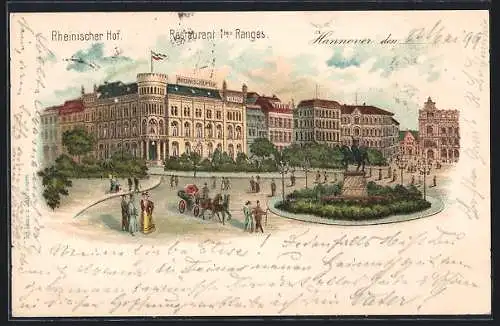 Lithographie Hannover, Rheinischer Hof, Blick aufs Hotel