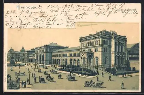 Lithographie Hannover, Blick auf den Staatsbahnhof