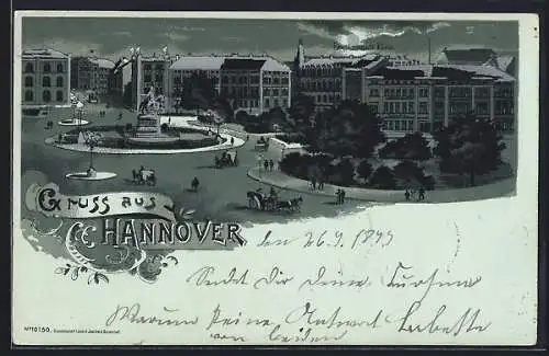 Mondschein-Lithographie Hannover, Ernst-August-Platz bei Nacht