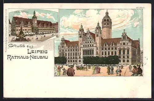 Lithographie Leipzig, Altes Rathaus und Rathaus-Neubau