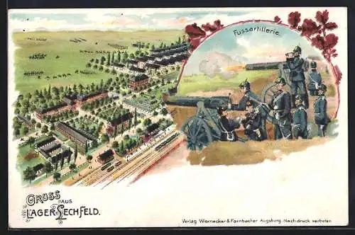 Lithographie Lager Lechfeld, Fussartillerie, Luftbild mit Bahnhof